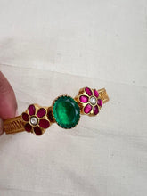 Gold polish kundan & ruby flower kada with emerald doublet-Silver Bracelet-CI-House of Taamara